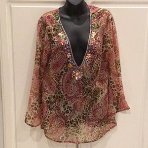 Nicole Max Boho Leopard/Paisley Embellished Top